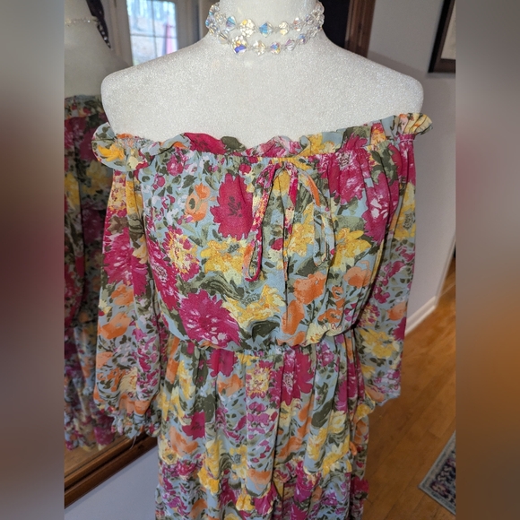 LC Lauren Conrad Off-Shoulder Floral Tiered Maxi Dress in Pink and Yellow - Picture 3 of 7
